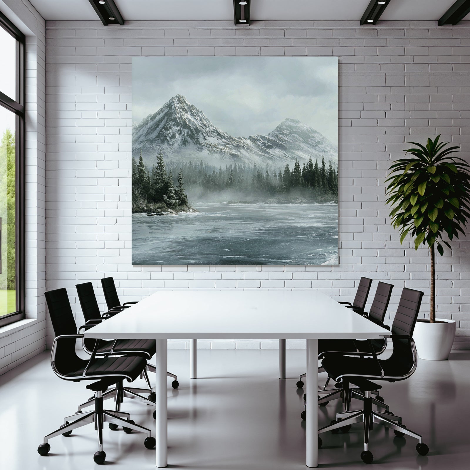 Winter Serene Winter Landscape With Snow-Capped Mountains And Frosty Water