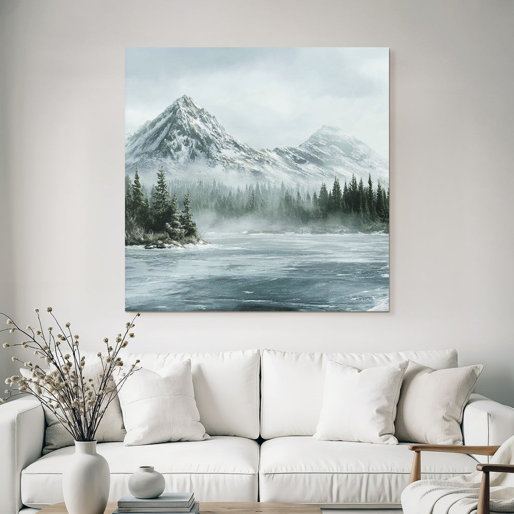 Winter Serene Winter Landscape With Snow-Capped Mountains And Frosty Water