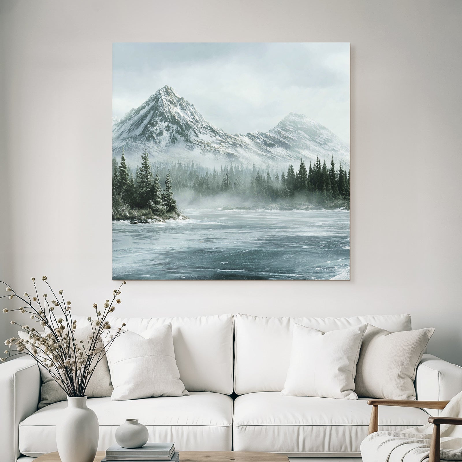 Winter Serene Winter Landscape With Snow-Capped Mountains And Frosty Water