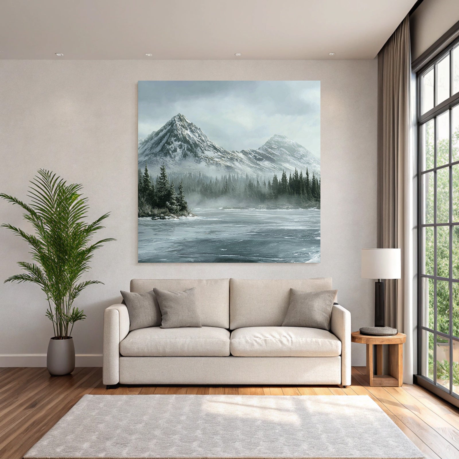 Winter Serene Winter Landscape With Snow-Capped Mountains And Frosty Water