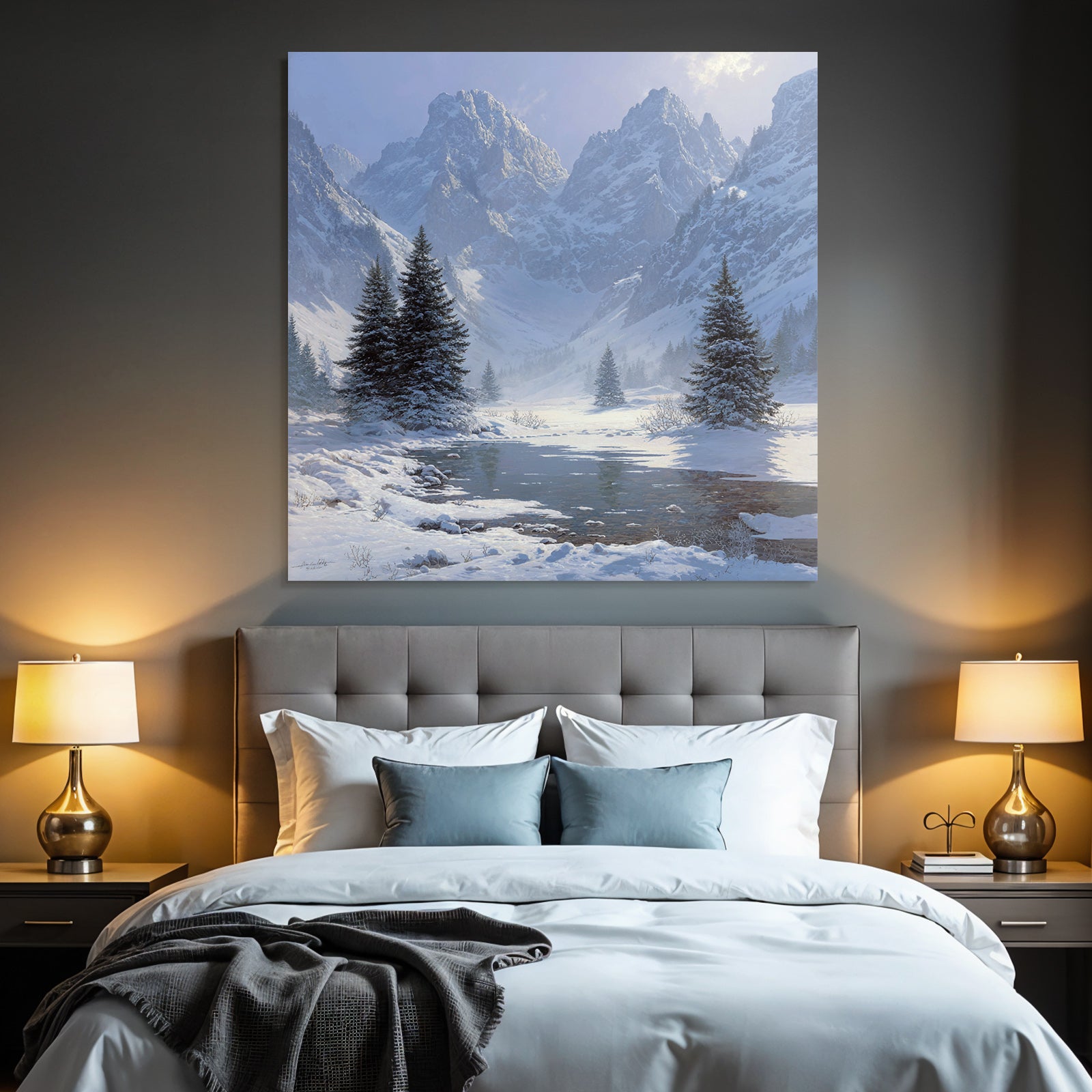 Winter landscape with mountains and reflection in water