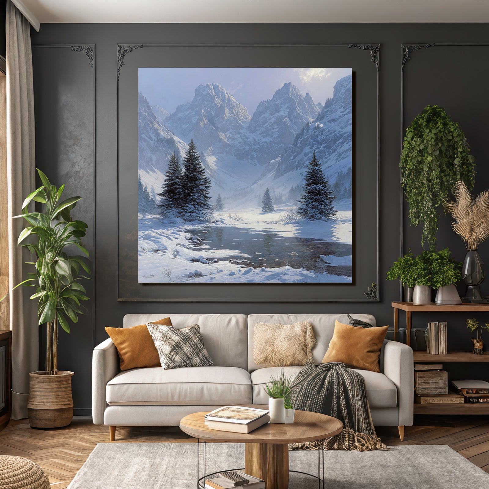 Winter landscape with mountains and reflection in water