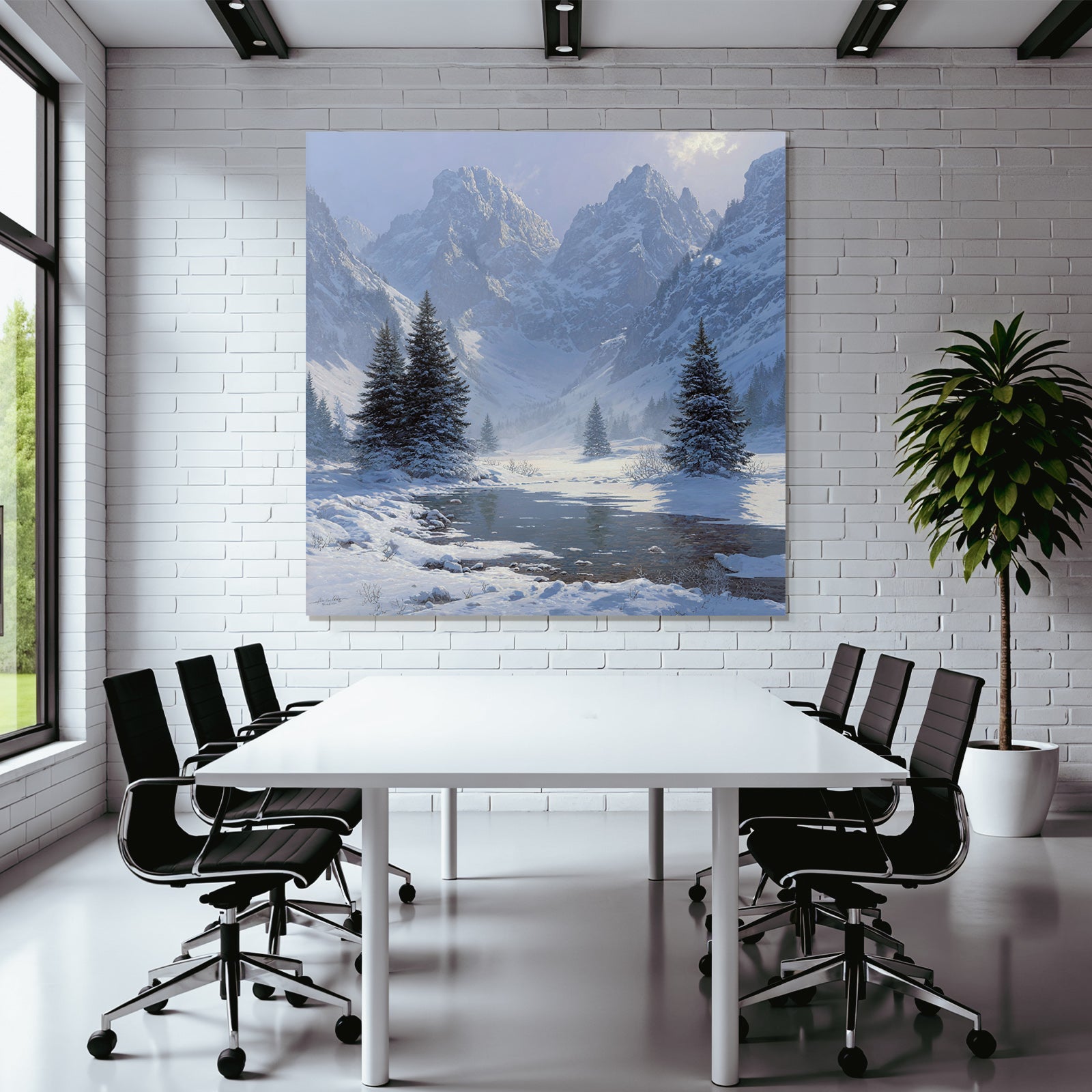 Winter landscape with mountains and reflection in water