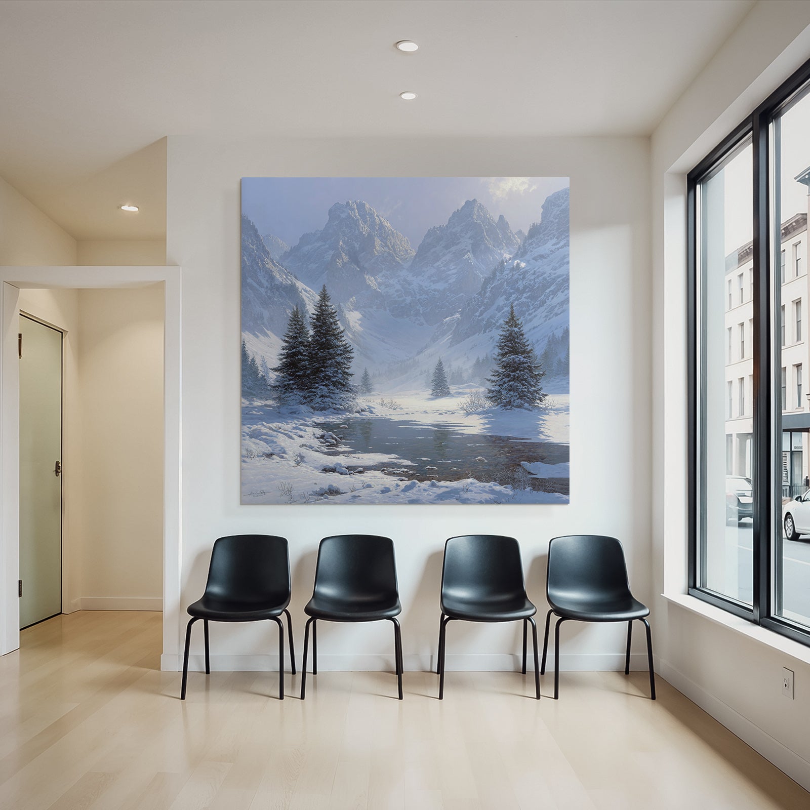 Winter landscape with mountains and reflection in water