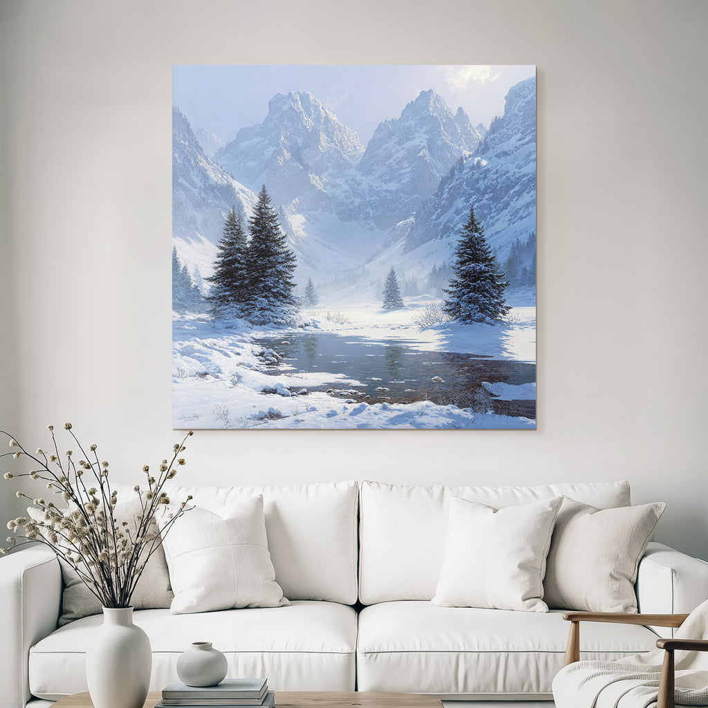 Winter landscape with mountains and reflection in water