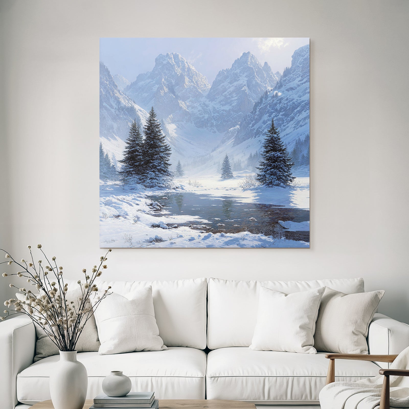 Winter landscape with mountains and reflection in water
