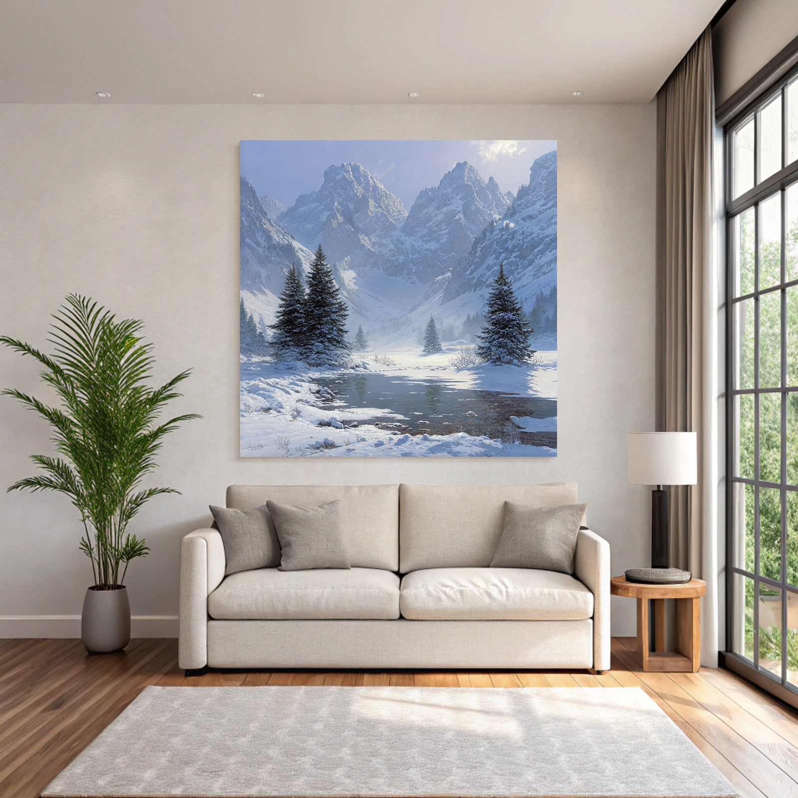 Winter landscape with mountains and reflection in water