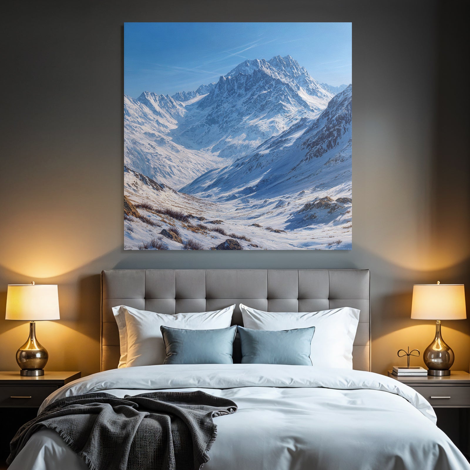Winter landscape with mountains and snow, clear blue sky