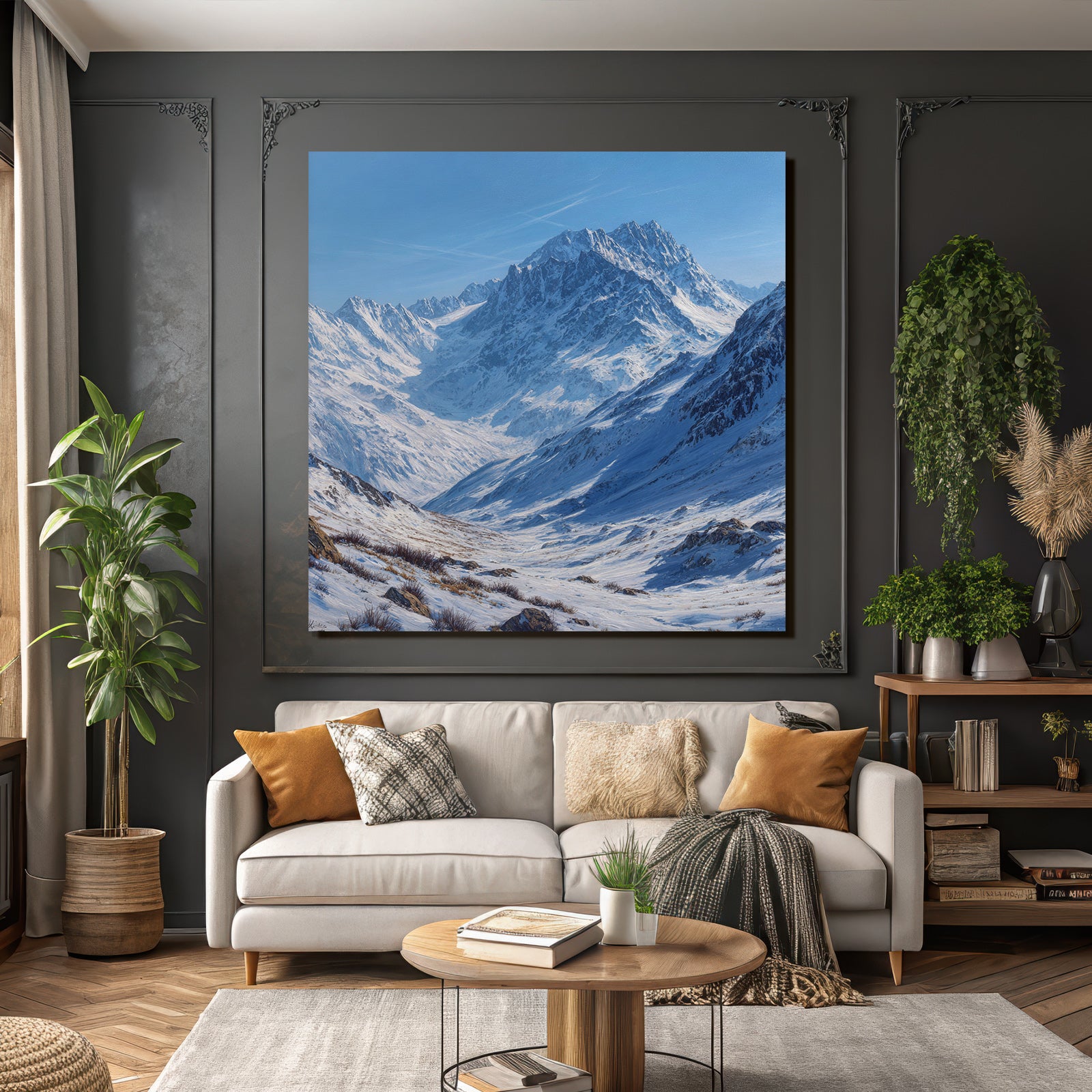 Winter landscape with mountains and snow, clear blue sky