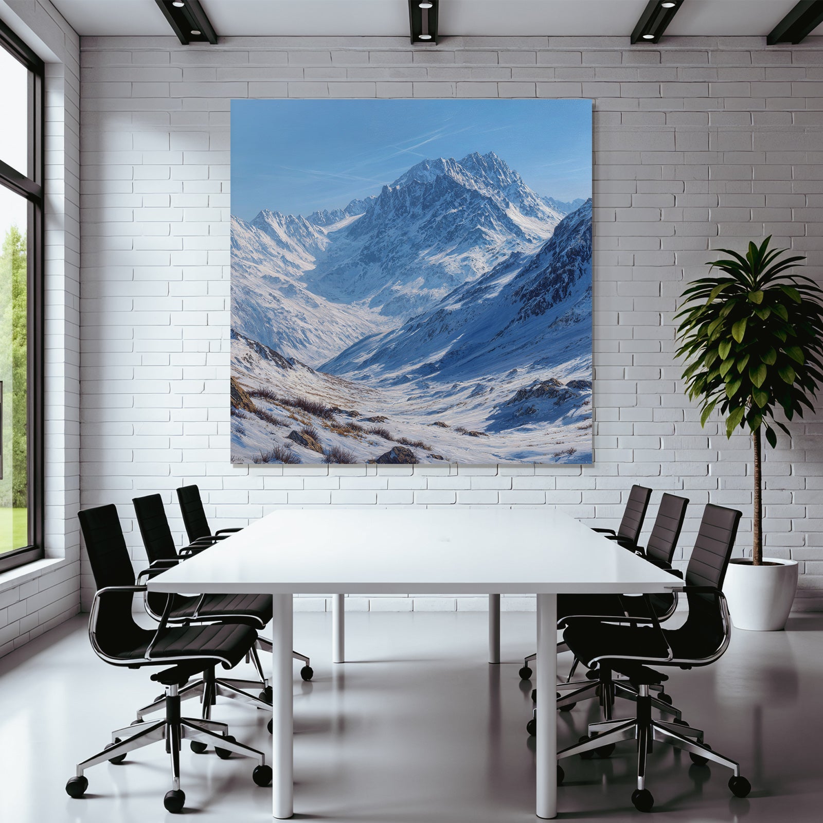 Winter landscape with mountains and snow, clear blue sky