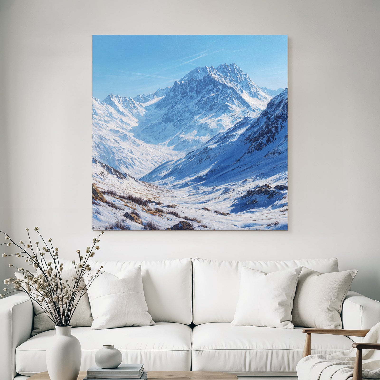 Winter landscape with mountains and snow, clear blue sky