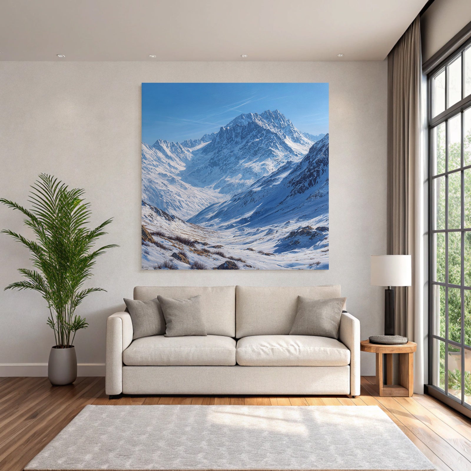 Winter landscape with mountains and snow, clear blue sky