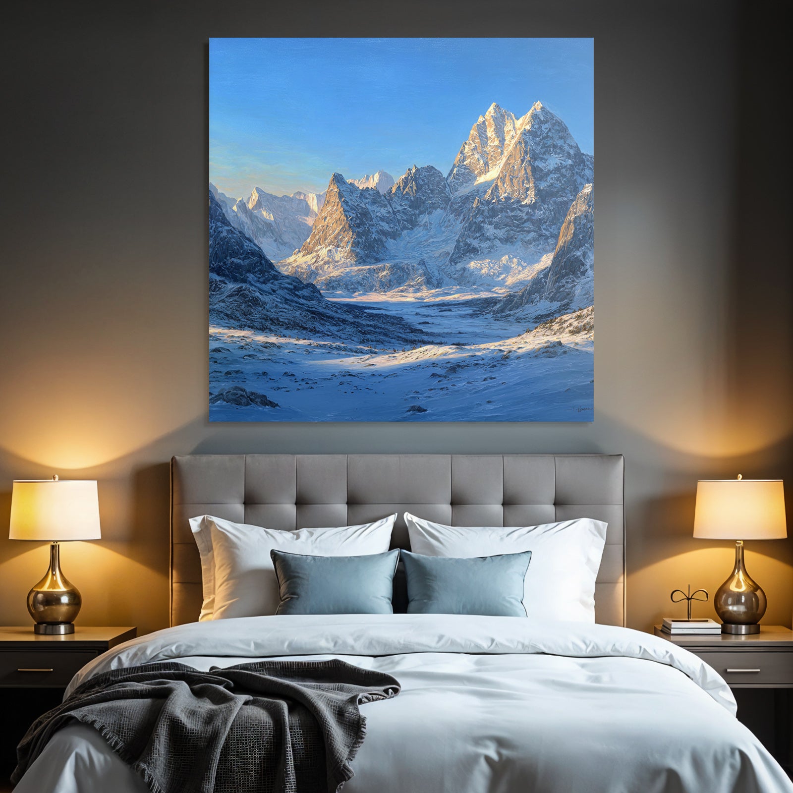 Winter landscape with snow-capped mountains in the valley