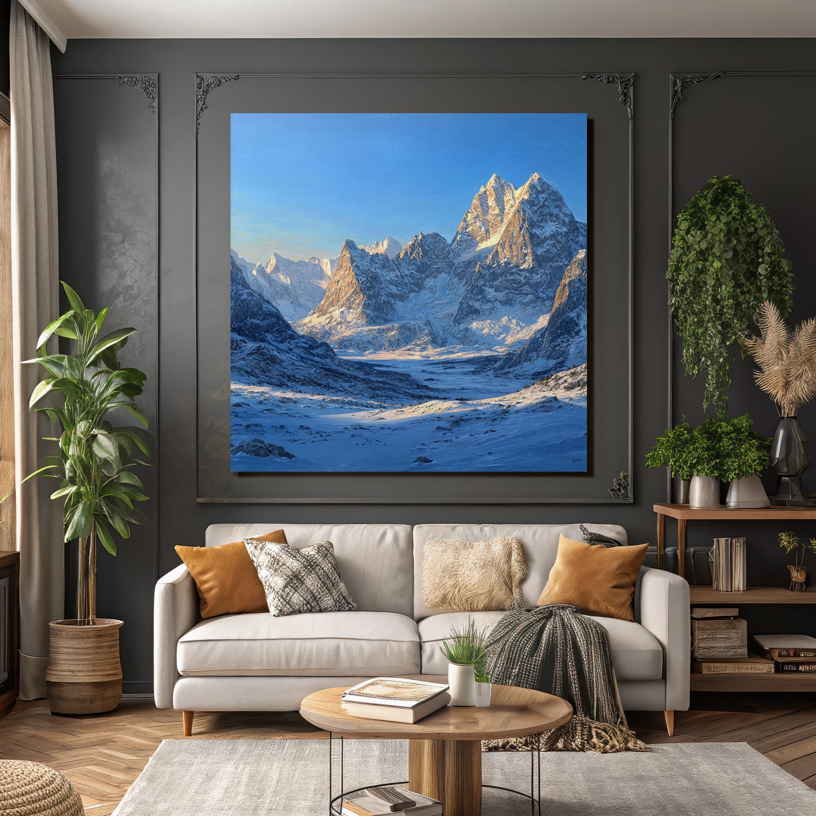 Winter landscape with snow-capped mountains in the valley