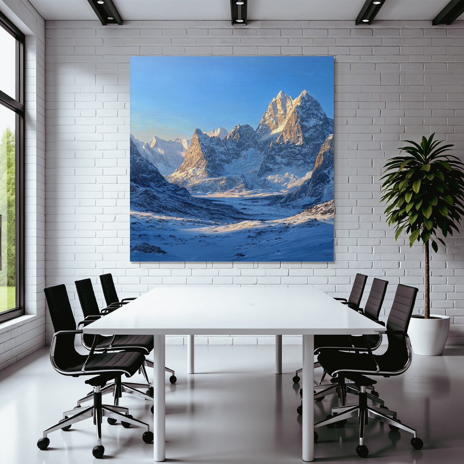 Winter landscape with snow-capped mountains in the valley