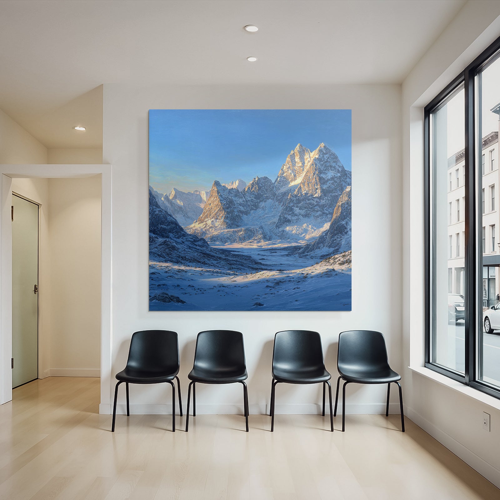 Winter landscape with snow-capped mountains in the valley