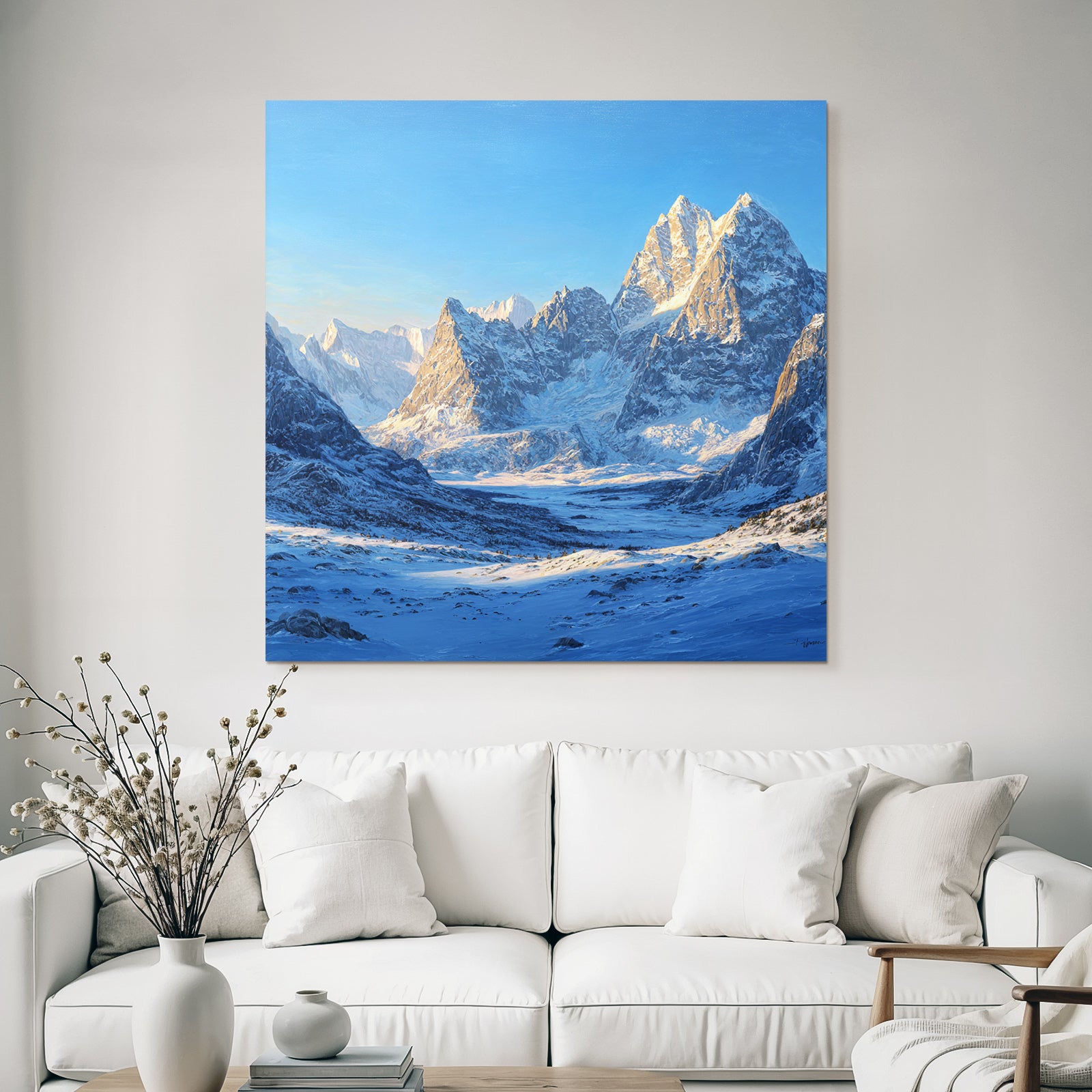 Winter landscape with snow-capped mountains in the valley