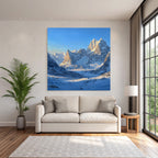 Winter landscape with snow-capped mountains in the valley