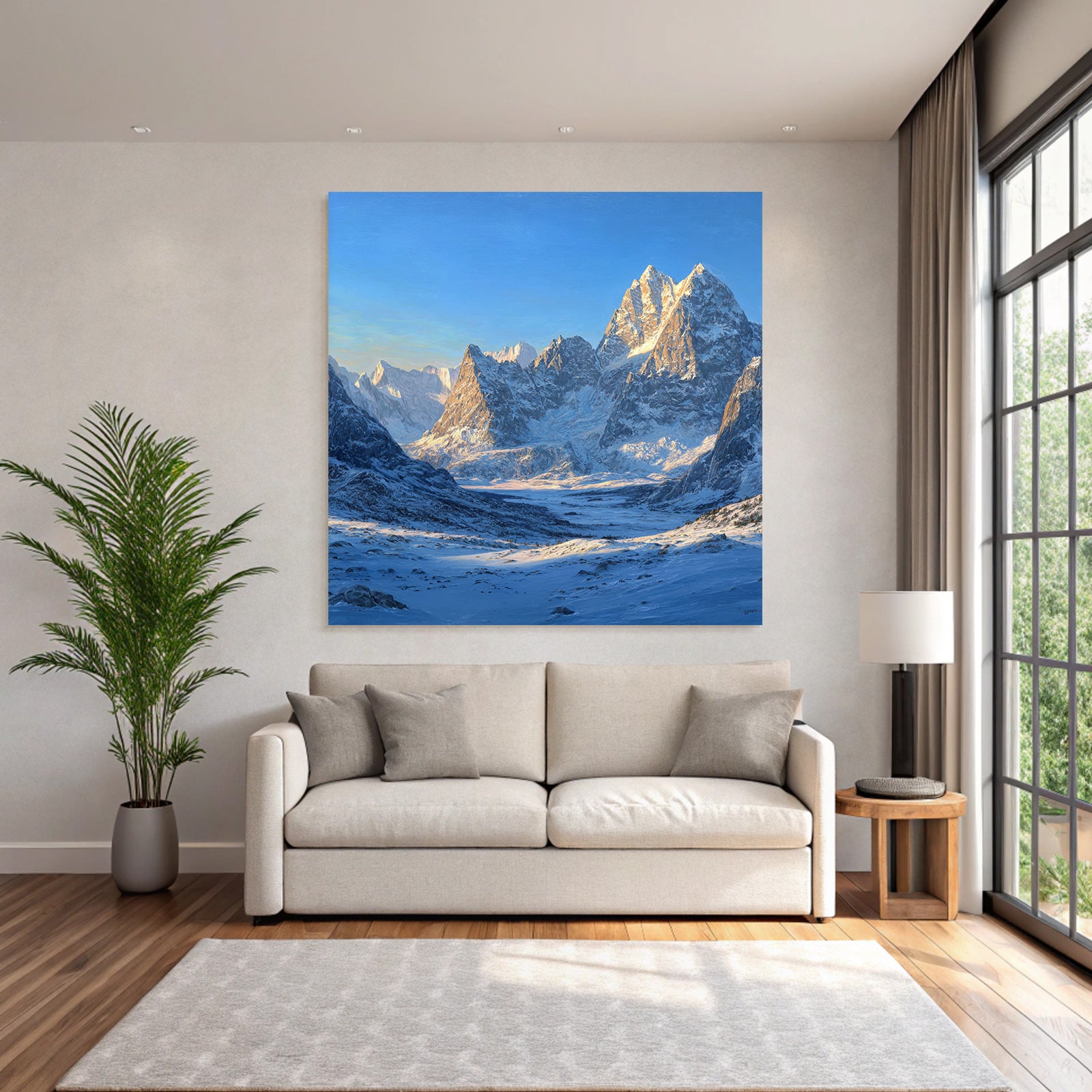 Winter landscape with snow-capped mountains in the valley