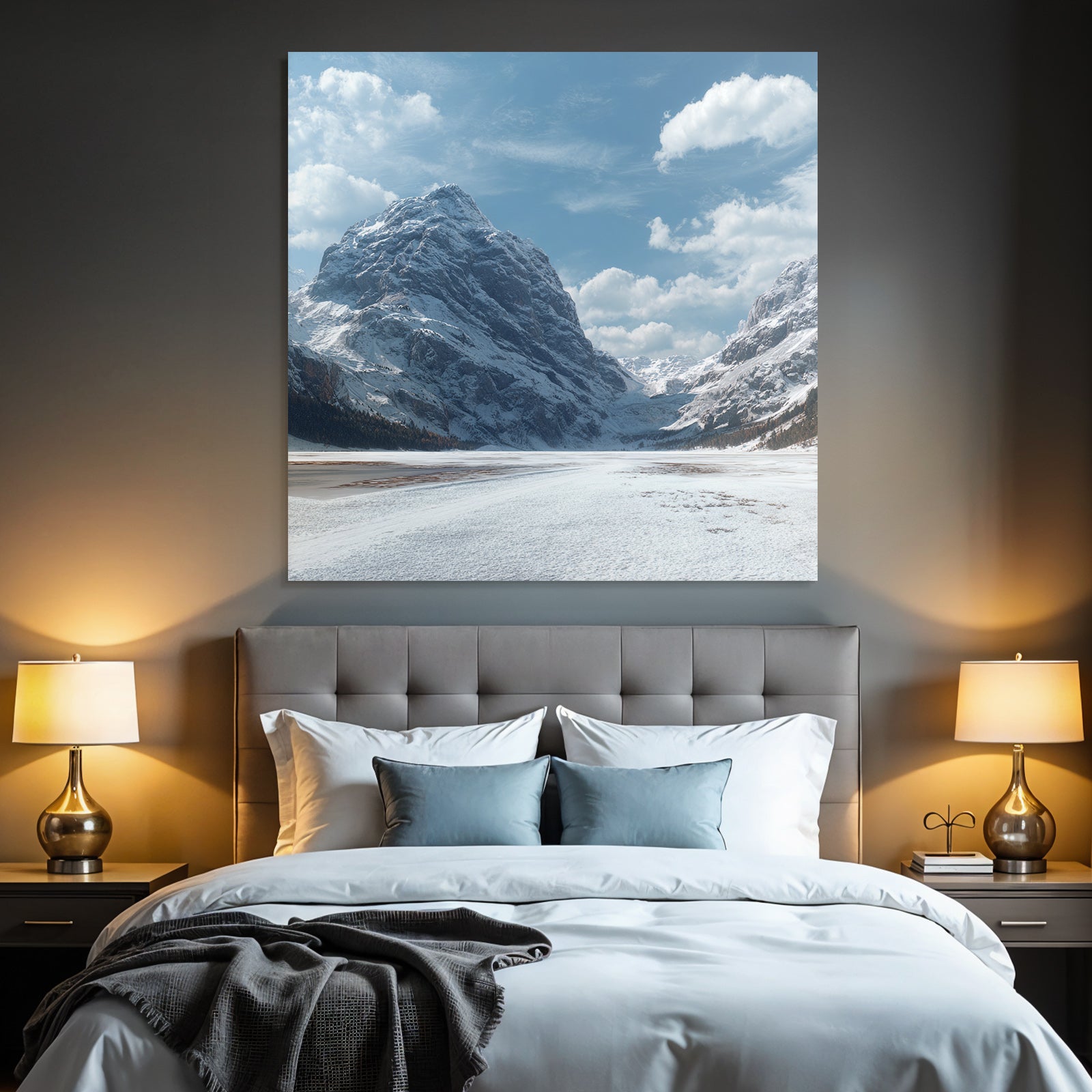 Winter landscape with snow-covered mountains and frosty expanse