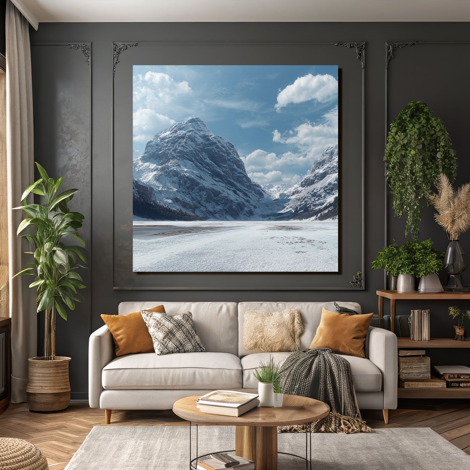 Winter landscape with snow-covered mountains and frosty expanse