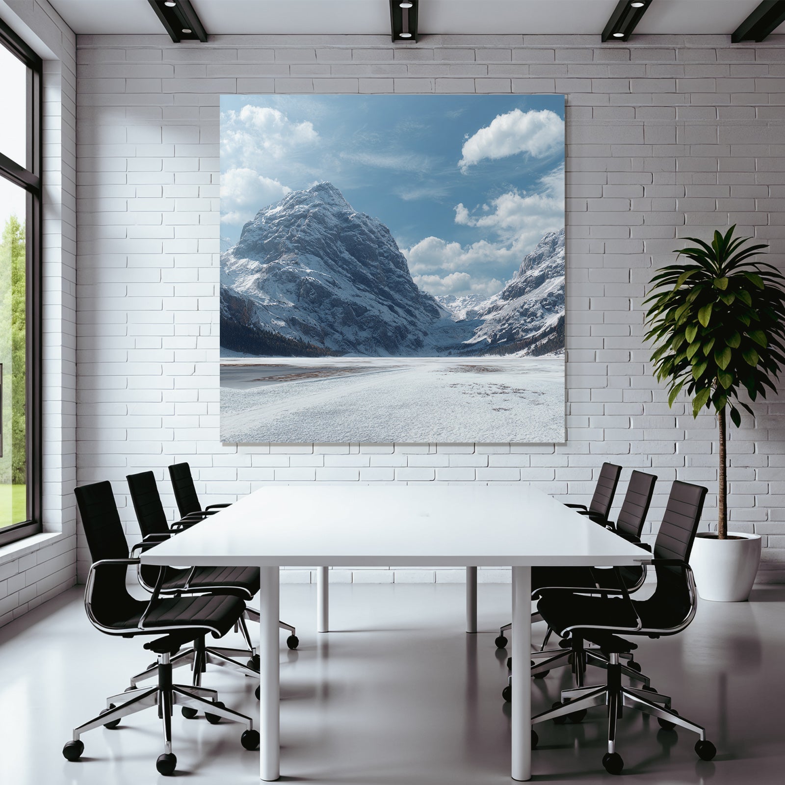Winter landscape with snow-covered mountains and frosty expanse