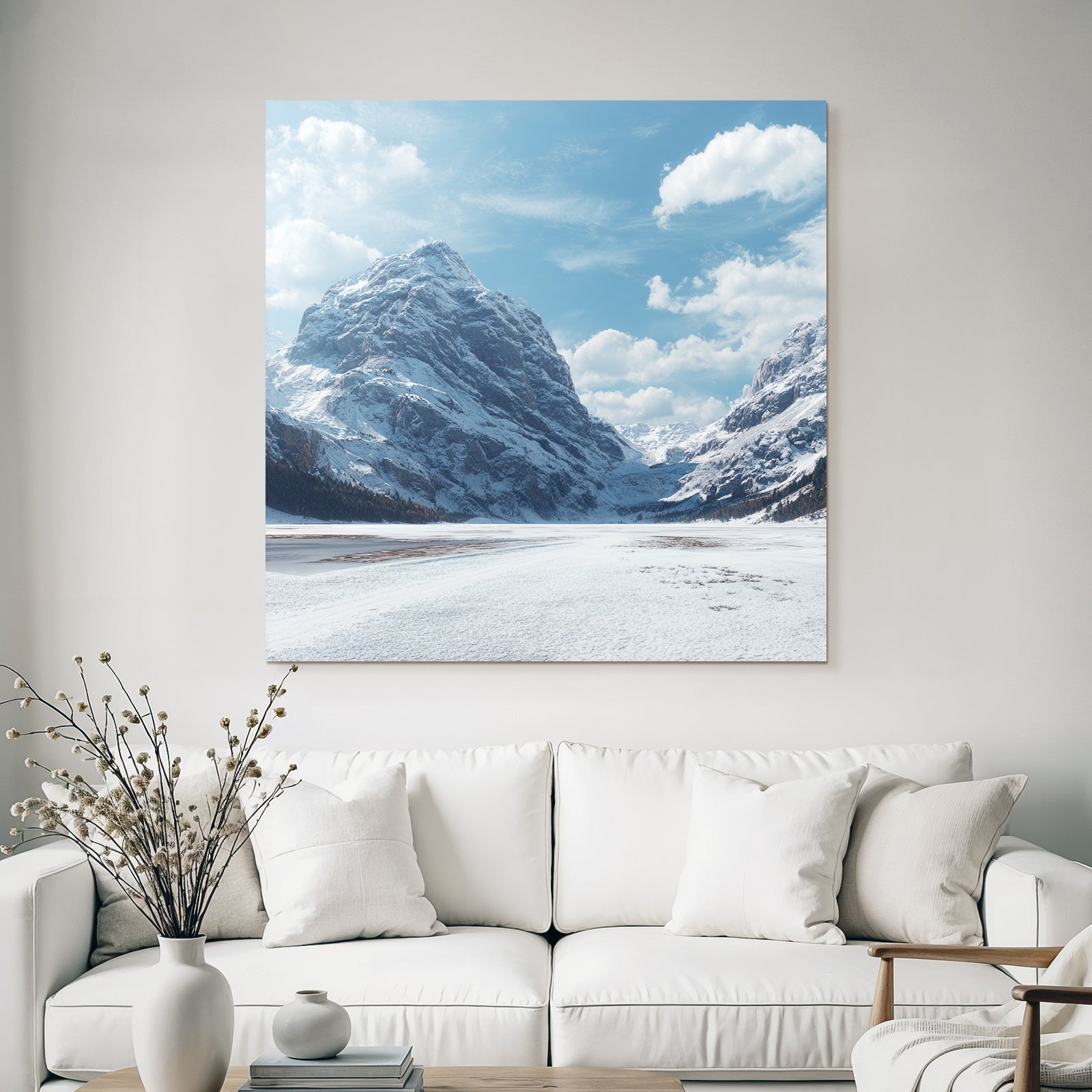 Winter landscape with snow-covered mountains and frosty expanse