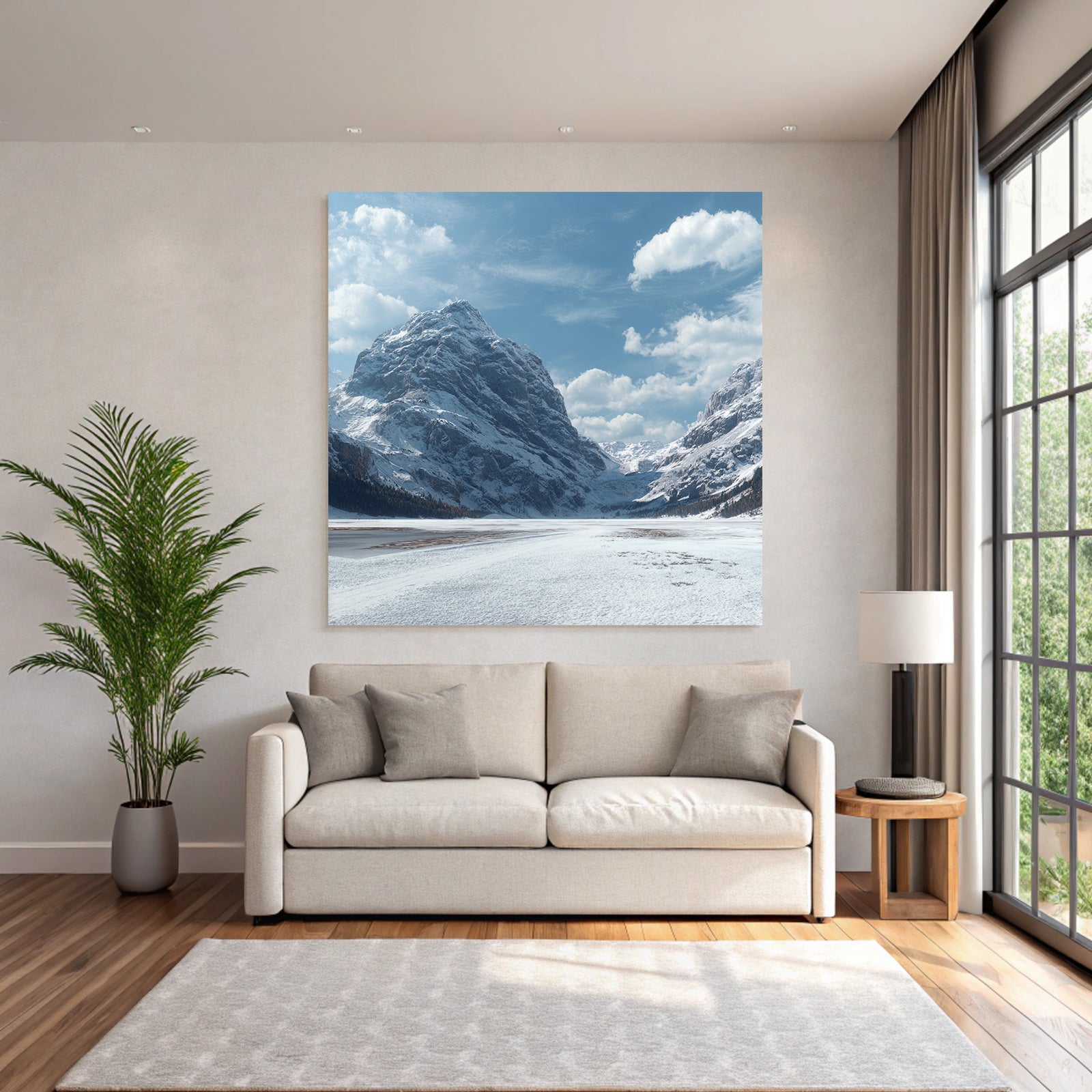 Winter landscape with snow-covered mountains and frosty expanse