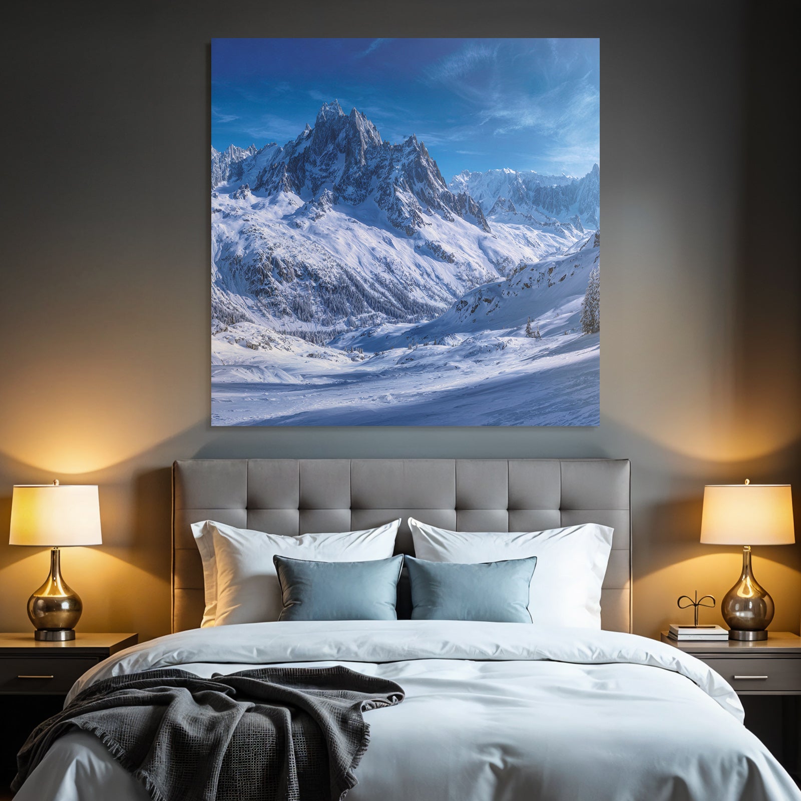Winter landscape with snow-capped mountains and clear sky