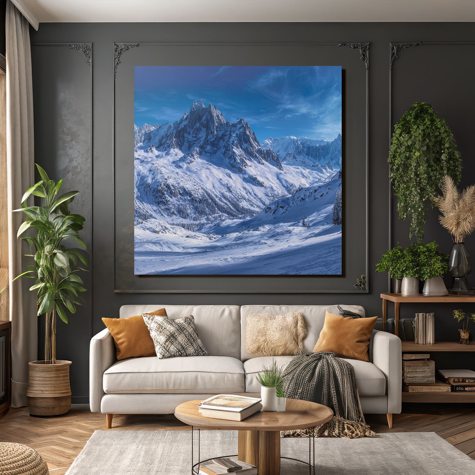 Winter landscape with snow-capped mountains and clear sky