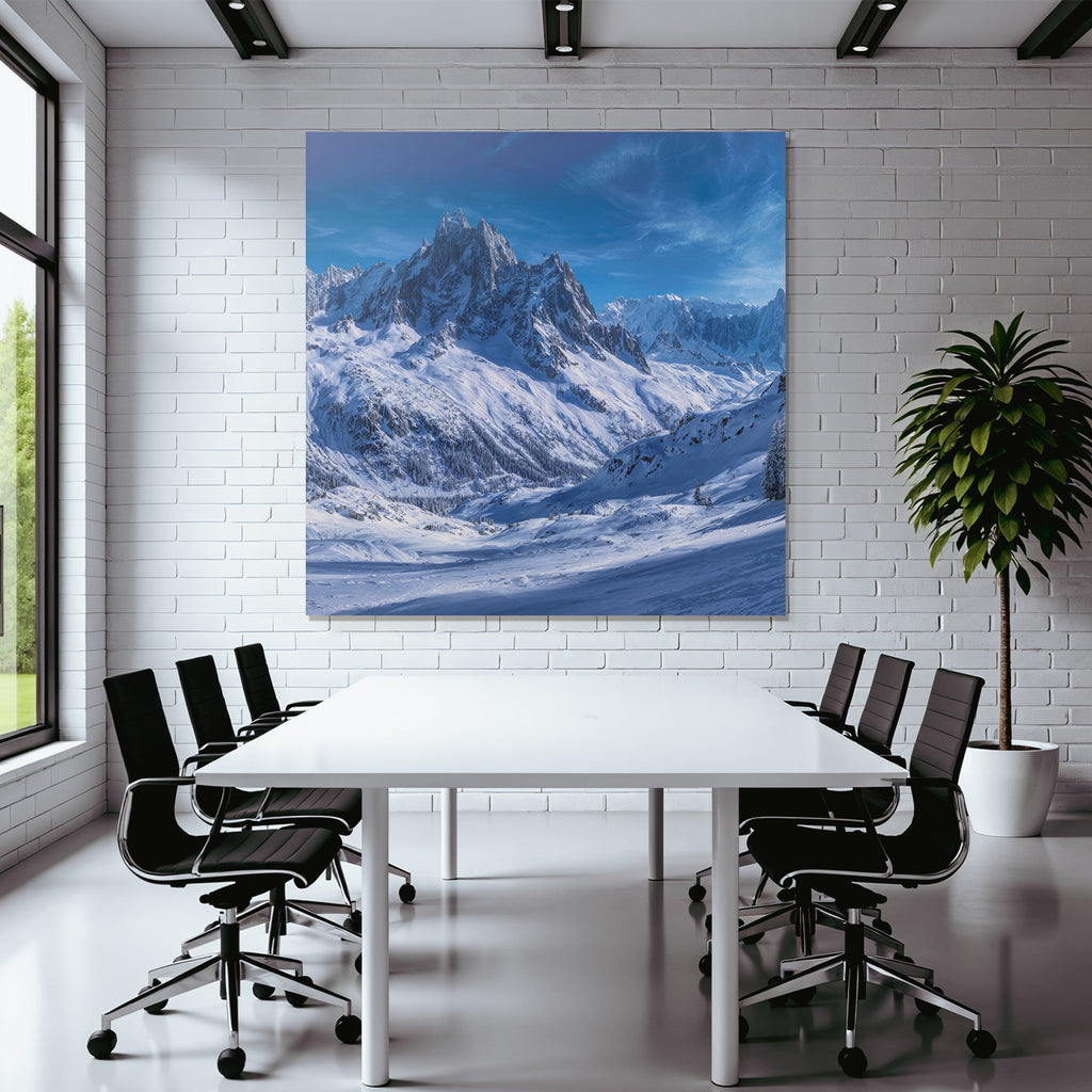 Winter landscape with snow-capped mountains and clear sky