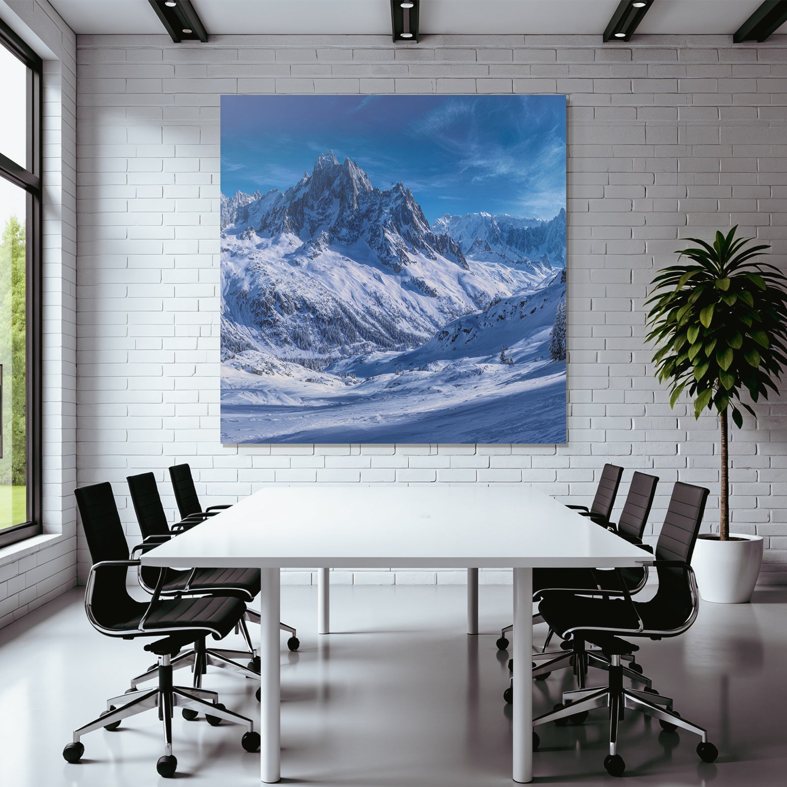 Winter landscape with snow-capped mountains and clear sky