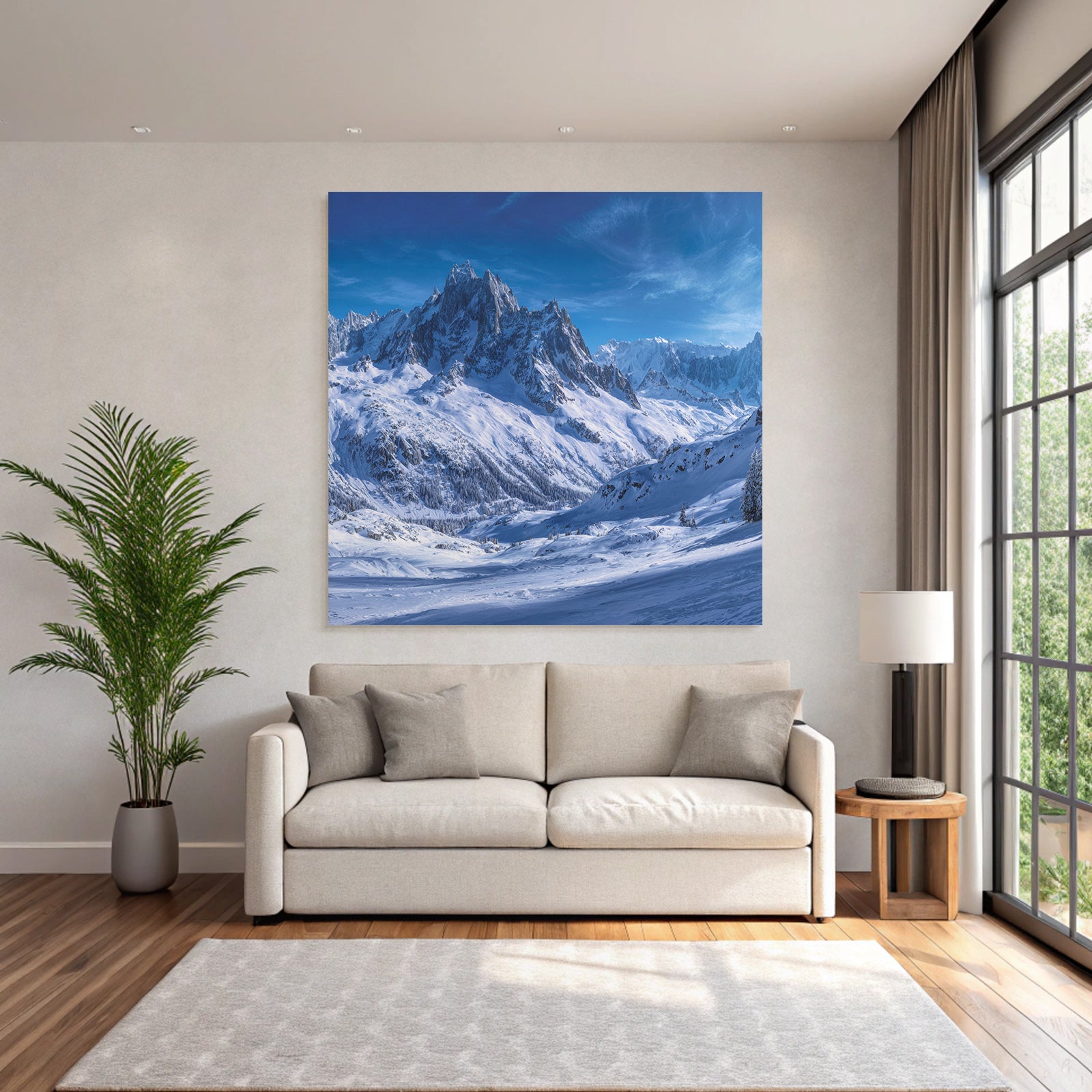 Winter landscape with snow-capped mountains and clear sky