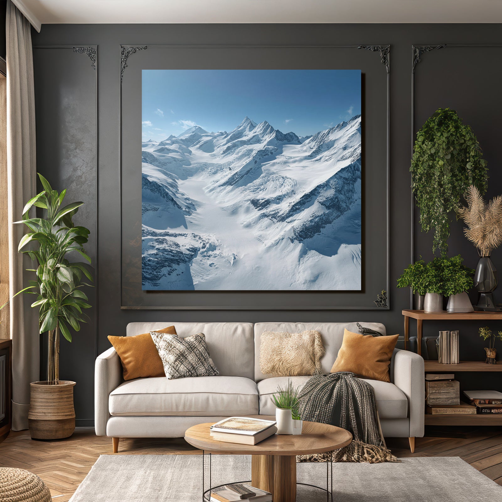 Winter landscape with snow-capped mountains and glaciers and blue sky