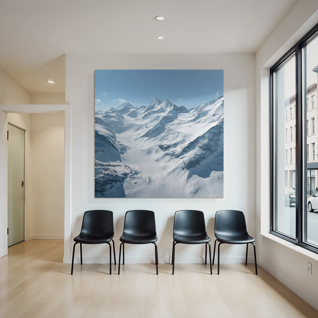 Winter landscape with snow-capped mountains and glaciers and blue sky