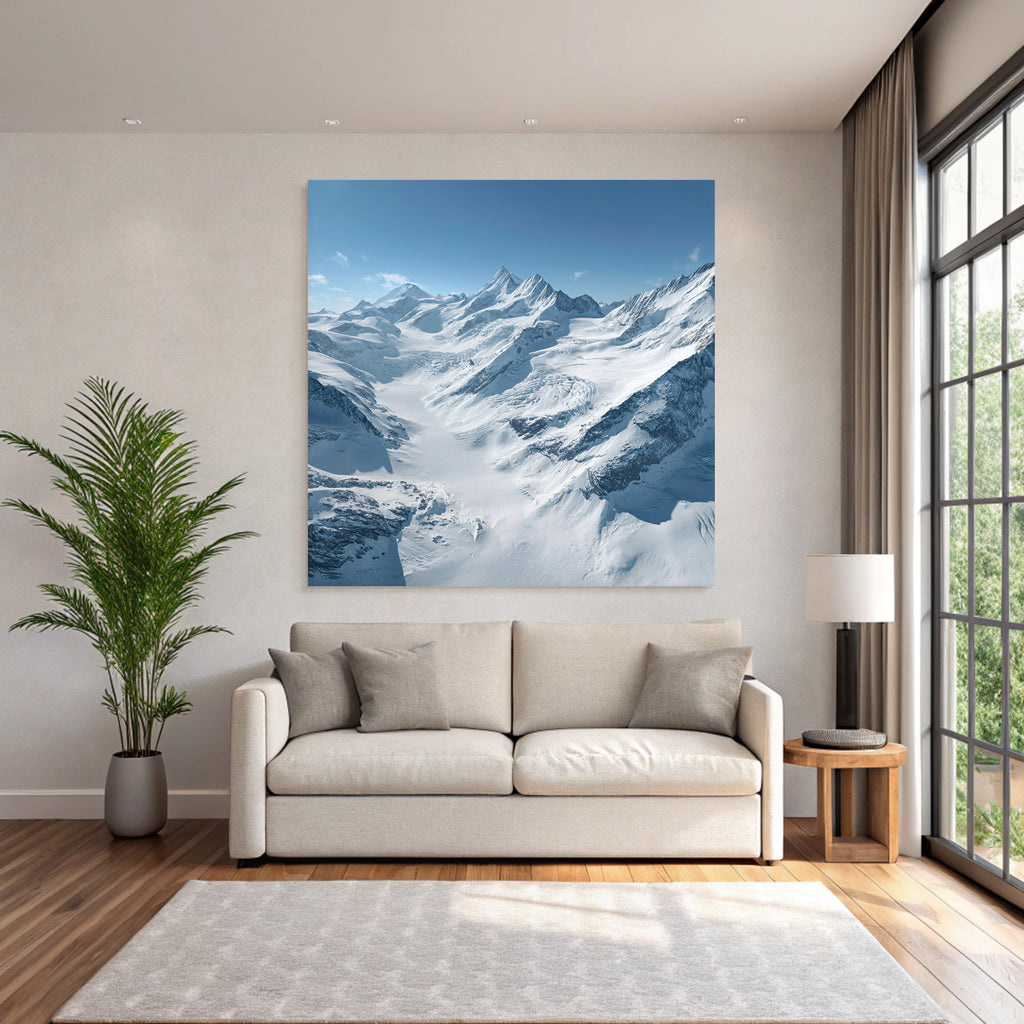 Winter landscape with snow-capped mountains and glaciers and blue sky