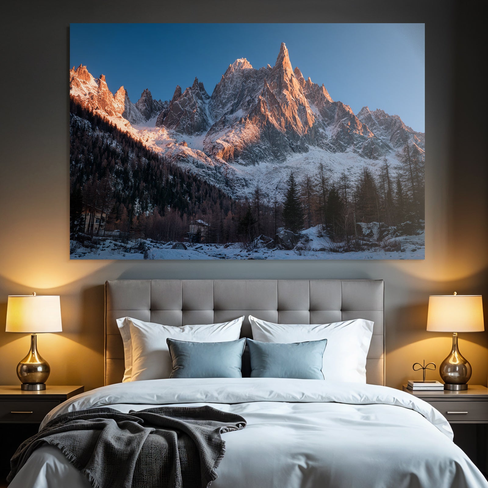 Winter Dramatic Mountain Landscape Early Morning With Snow And Buildings