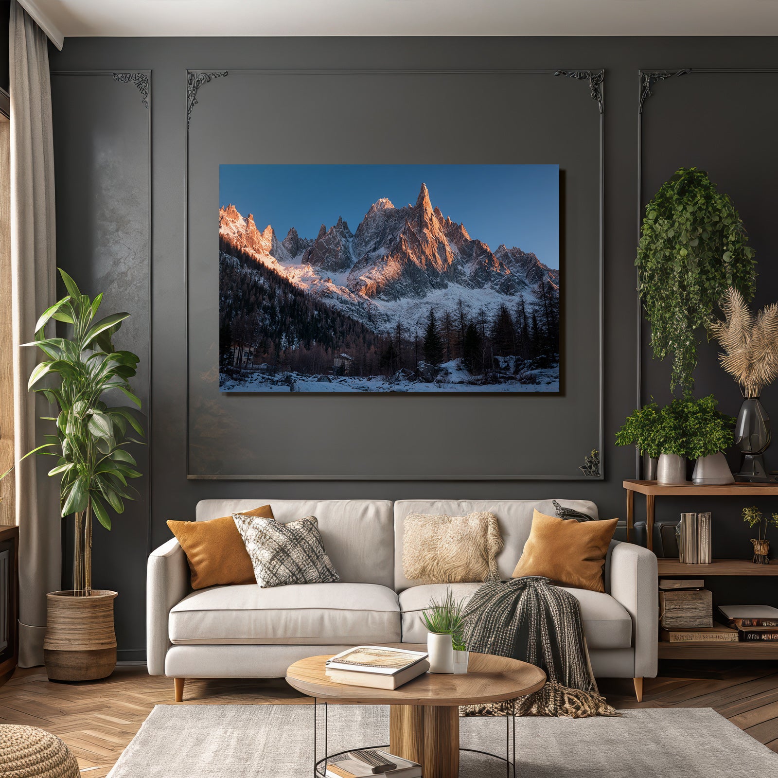 Winter Dramatic Mountain Landscape Early Morning With Snow And Buildings