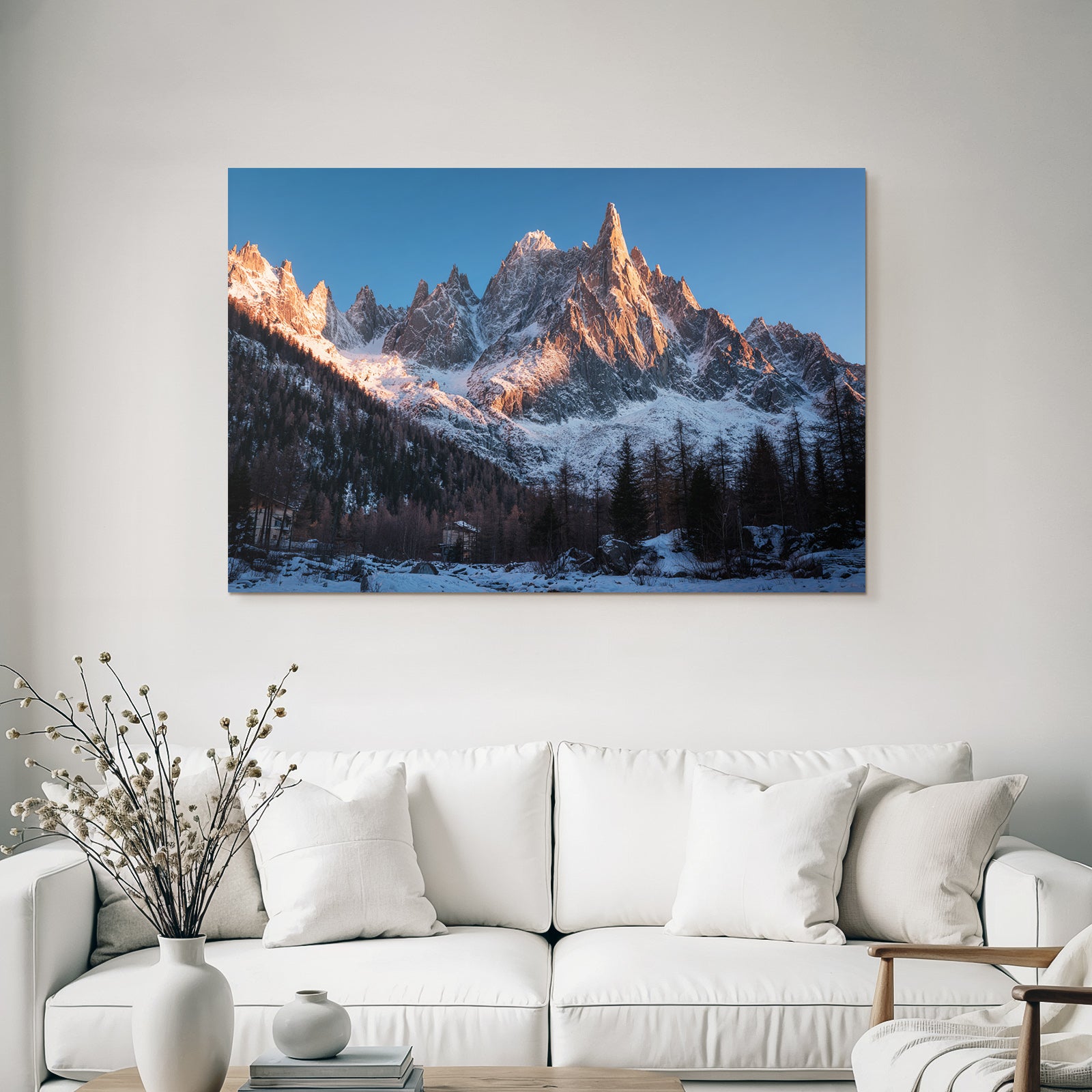 Winter Dramatic Mountain Landscape Early Morning With Snow And Buildings