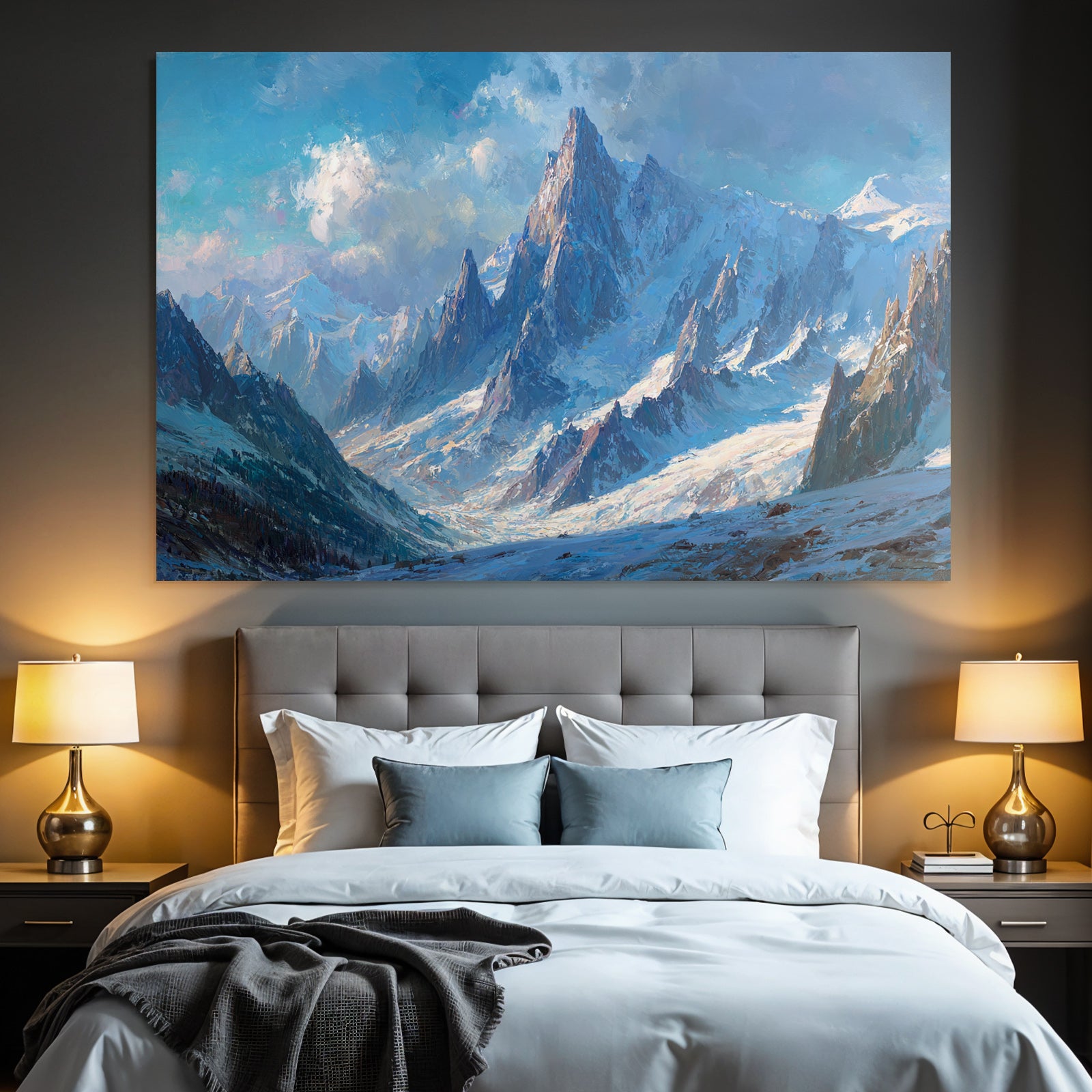 Winter dramatic mountain landscape with snow-capped peaks and blue sky