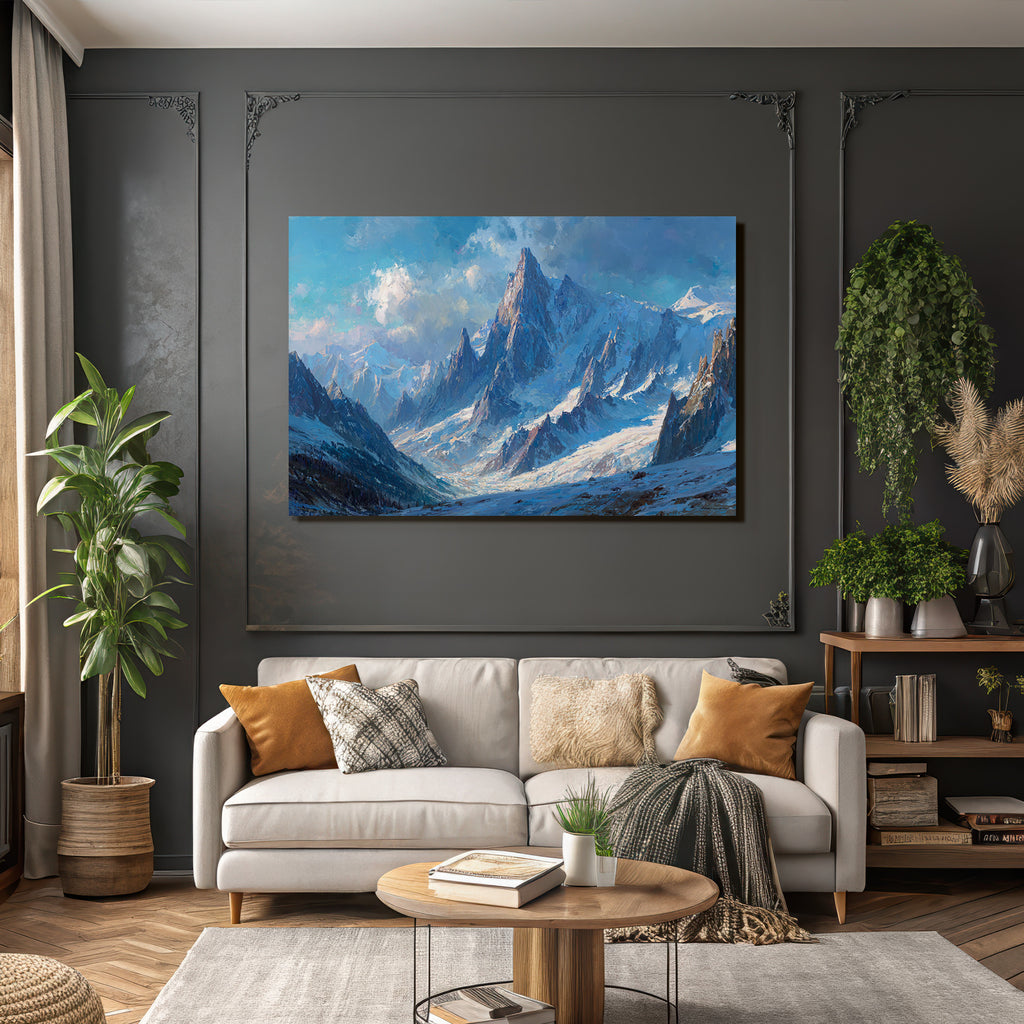 Winter dramatic mountain landscape with snow-capped peaks and blue sky