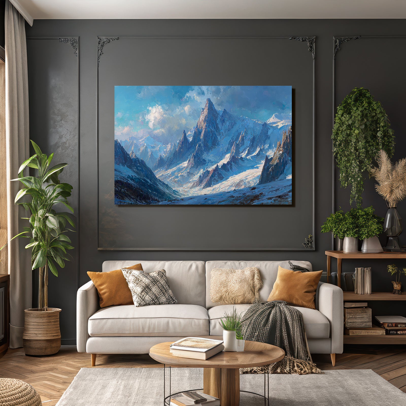 Winter dramatic mountain landscape with snow-capped peaks and blue sky