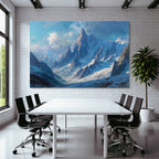 Winter dramatic mountain landscape with snow-capped peaks and blue sky