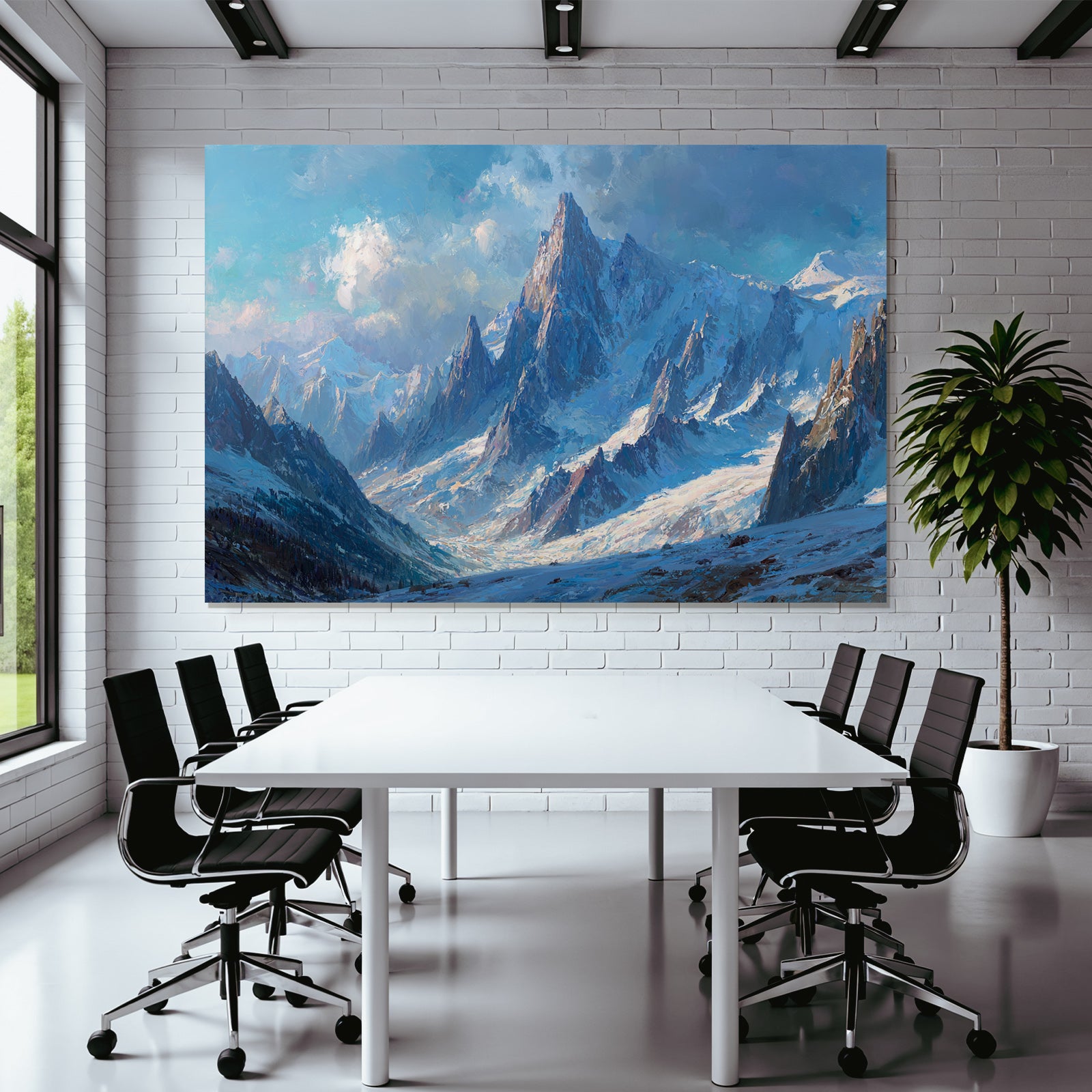 Winter dramatic mountain landscape with snow-capped peaks and blue sky