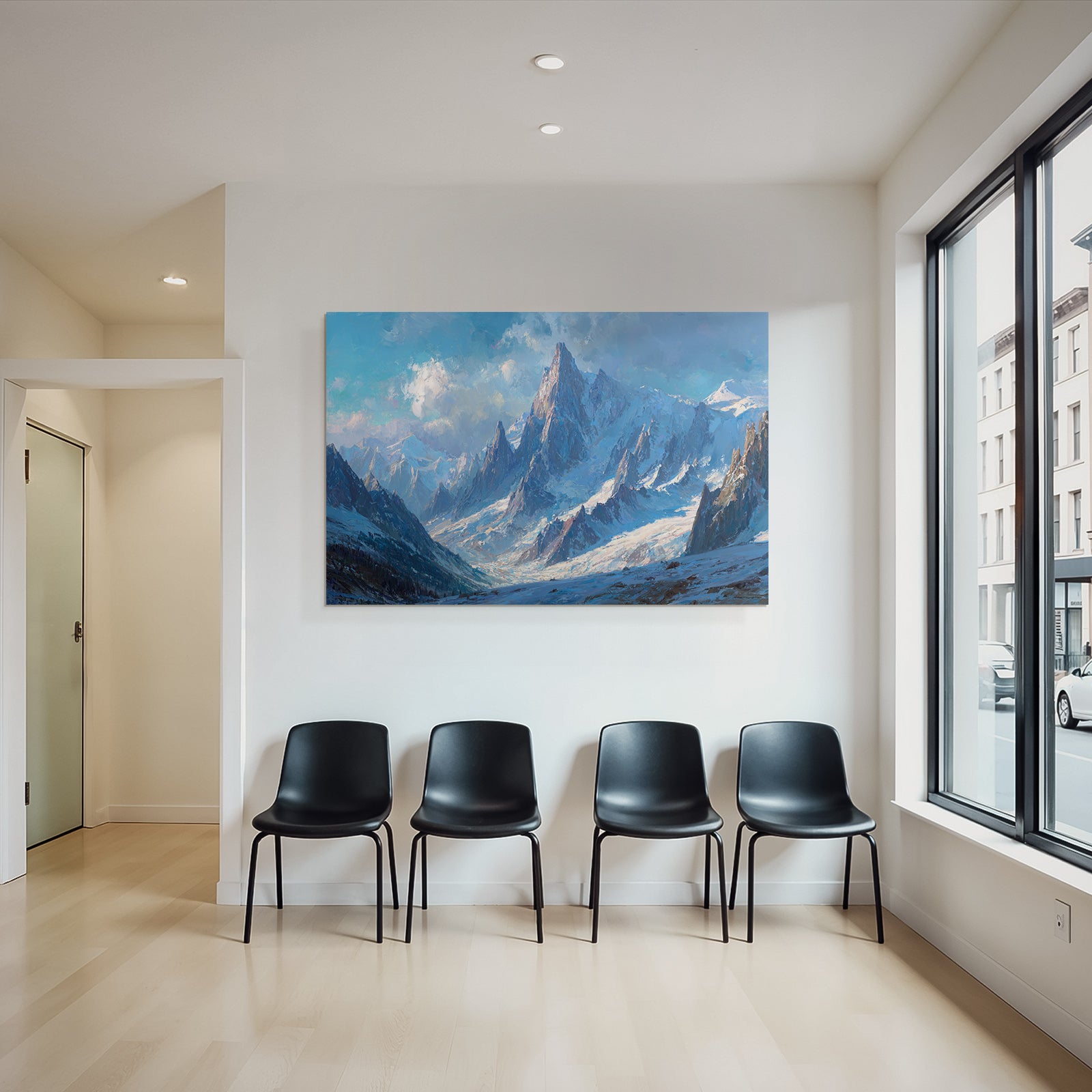 Winter dramatic mountain landscape with snow-capped peaks and blue sky