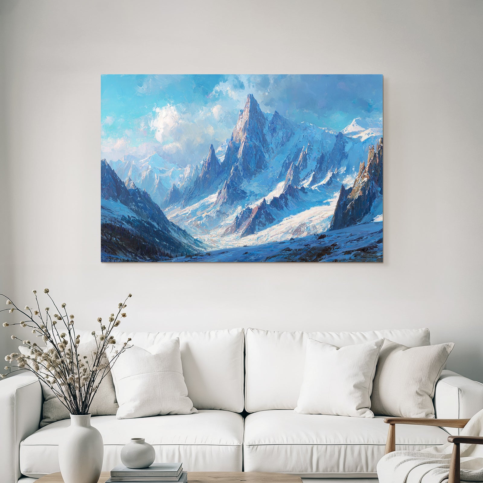 Winter dramatic mountain landscape with snow-capped peaks and blue sky