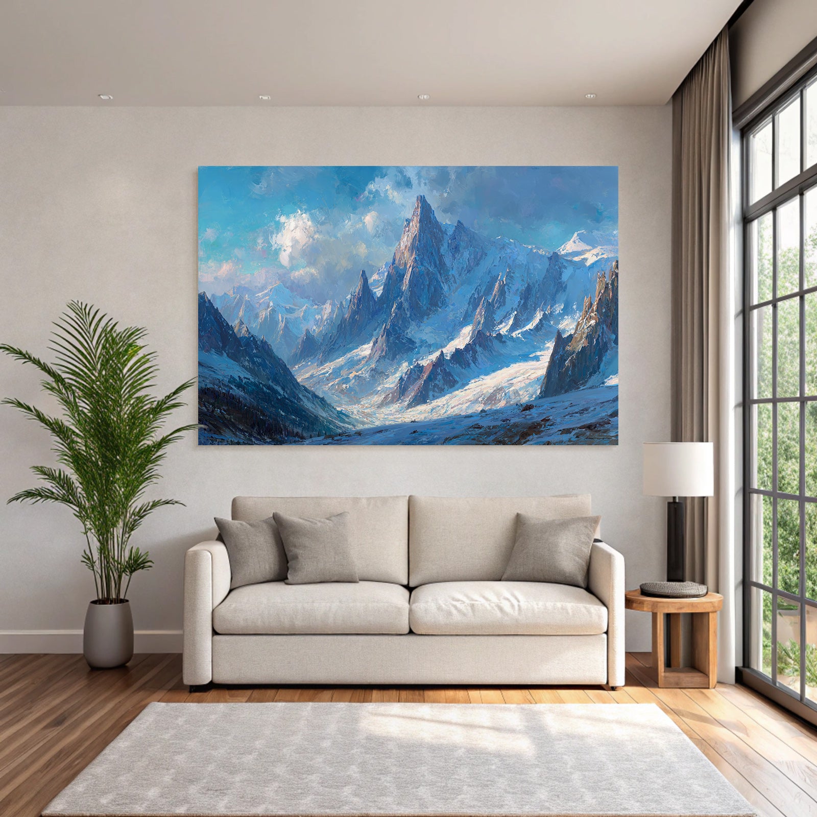 Winter dramatic mountain landscape with snow-capped peaks and blue sky