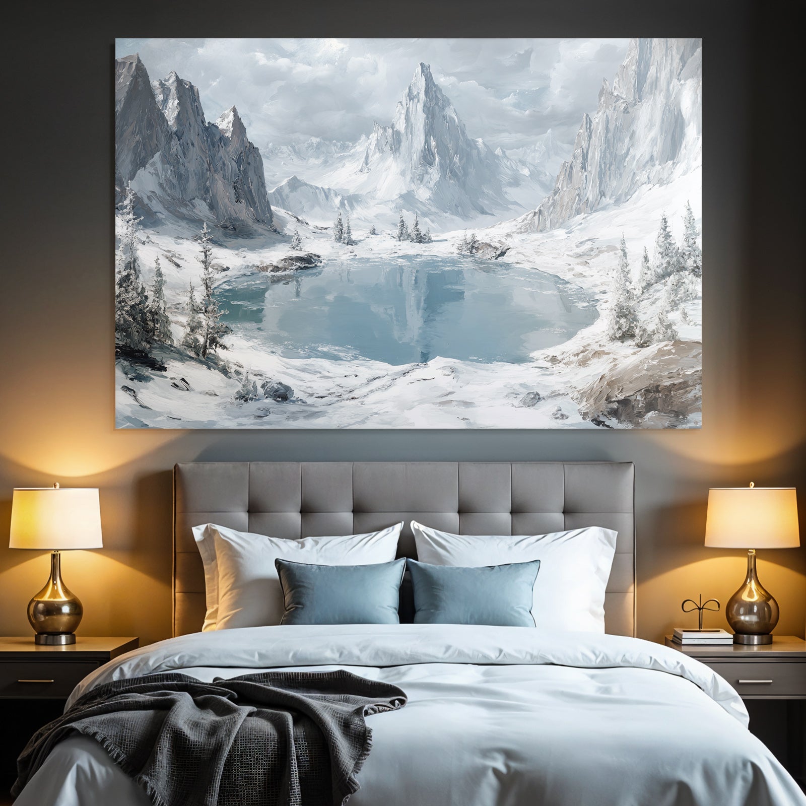 Winter Peaceful winter landscape with mountain lake and pine forest