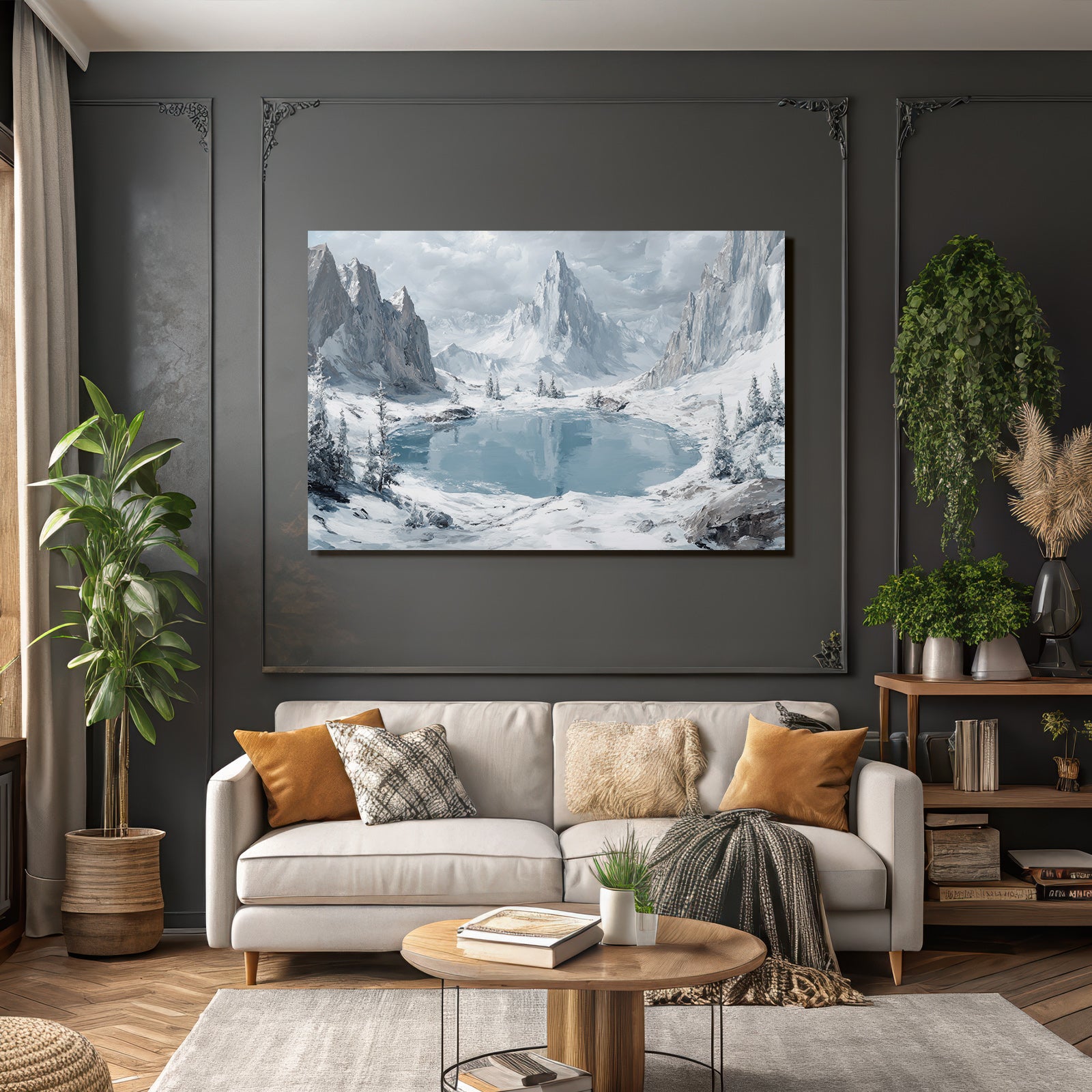 Winter Peaceful winter landscape with mountain lake and pine forest
