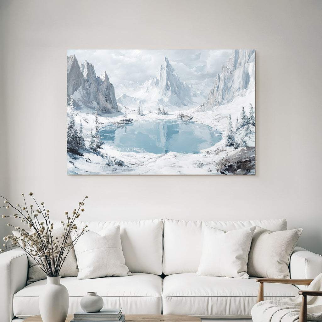 Winter Peaceful winter landscape with mountain lake and pine forest